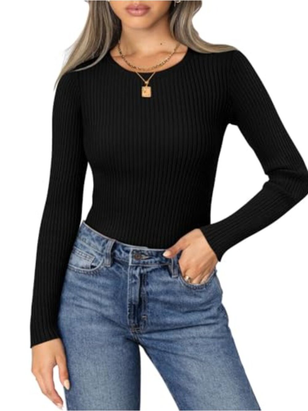 Womens Ribbed Knit Long Sleeve Crewneck Slim Fit T Shirt Top